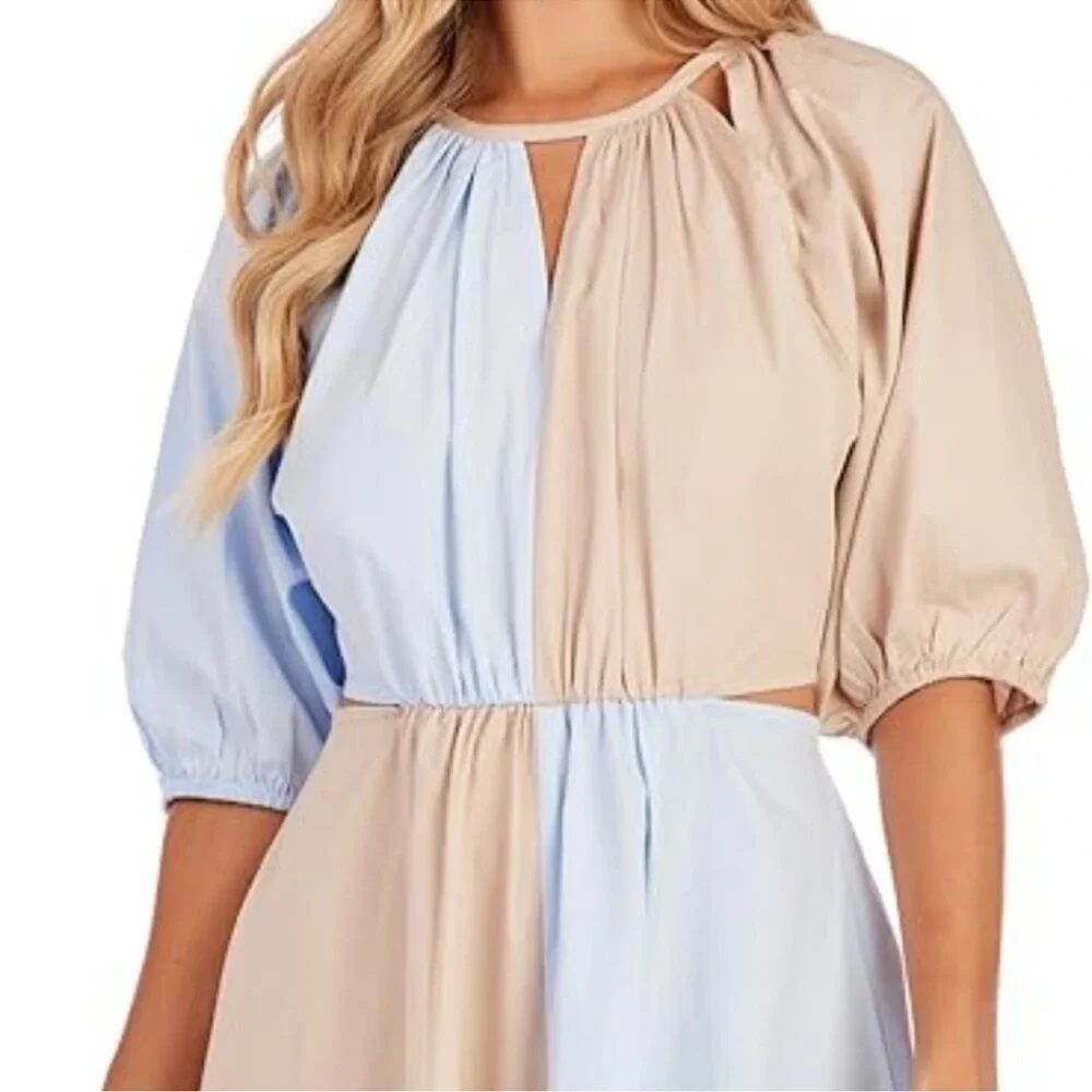 Mud Pie Hutton Two-Tone Cut Out Midi Dress in Blue and Tan Sz L NWT - Picture 3 of 12